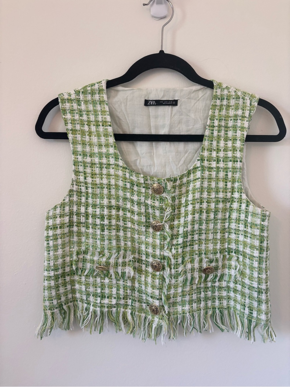 Green Tweed Fringe Button-Front Zara Top - Picture 2 of 6